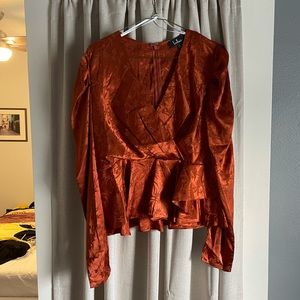 NWT Lulu’s Orange Satin Wrap Top with Puff Sleeves